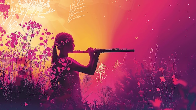 Una niña tocando la flauta en un campo de flores El sol se está poniendo y el cielo es de un cálido color rosa