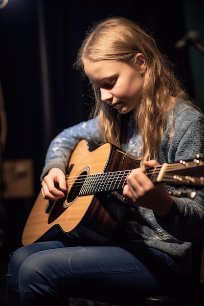 una niña tocando una guitarra creada con IA generativa