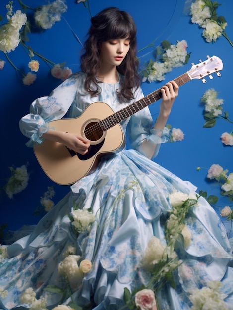 Foto una niña tocando la guitarra en las flores.