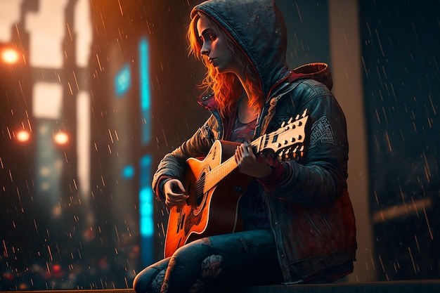 Una niña tocando una guitarra bajo la lluvia.