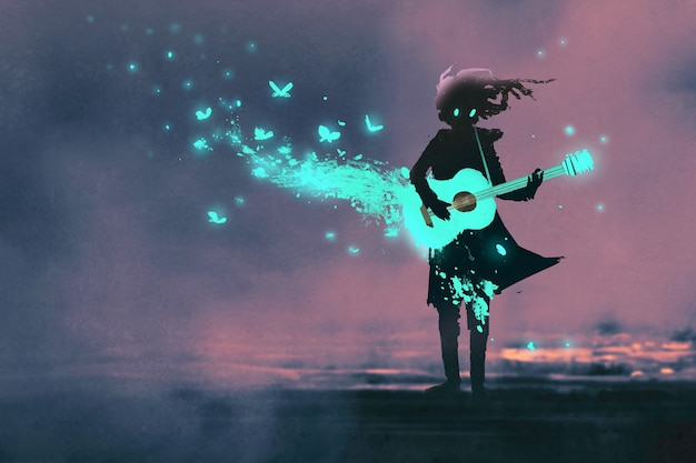 niña tocando la guitarra con una luz azul y mariposas brillantes, pintura de ilustración