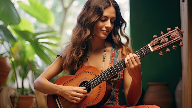 Una niña tocando un instrumento de guitarra española con diversión y sonrisa.