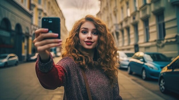 Foto niña tomando fotografías en una ciudad europea