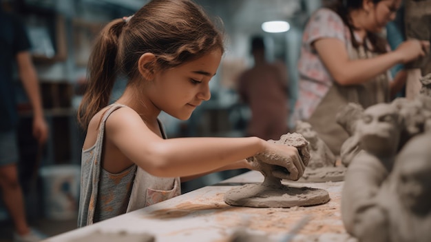 Una niña trabaja en un torno de cerámica.