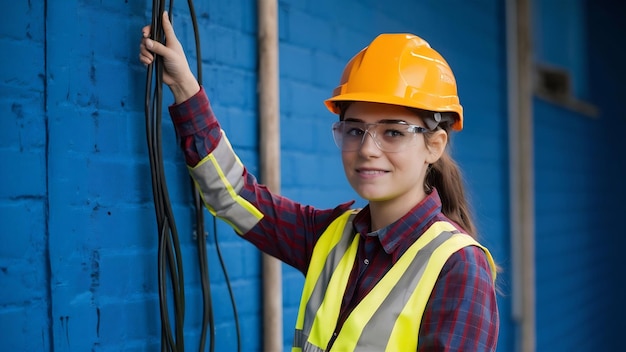 Niña trabajadora con un casco de seguridad sosteniendo un cable eléctrico