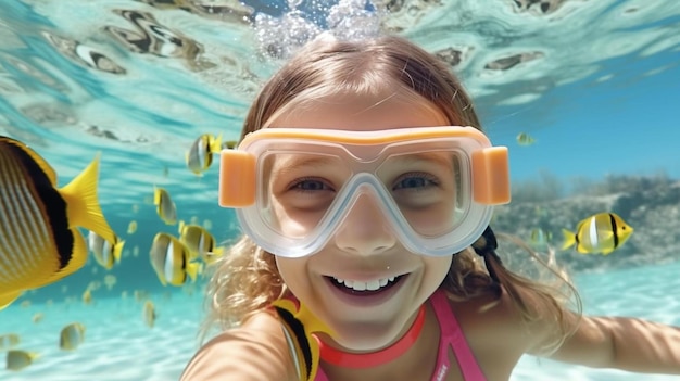 una niña en un traje de baño rosa y gafas de protección