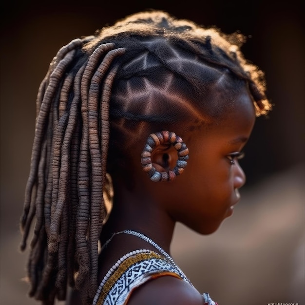 Una niña con trenzas y un collar en la cabeza.