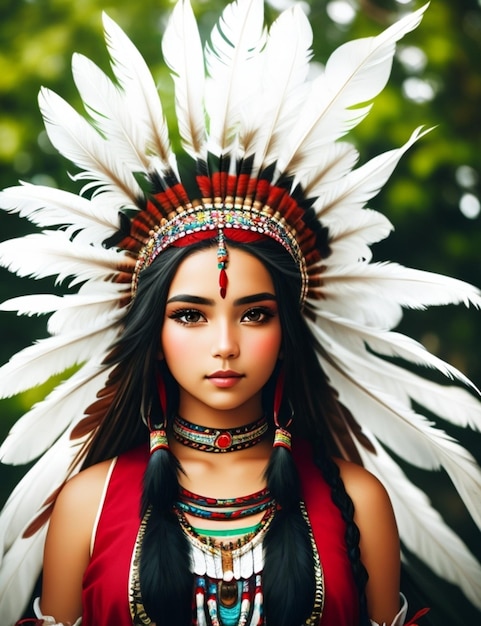 Una niña de la tribu con plumas en la cabeza y las palabras "indio"