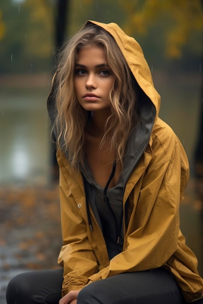 niña triste al aire libre en el clima lluvioso de otoño