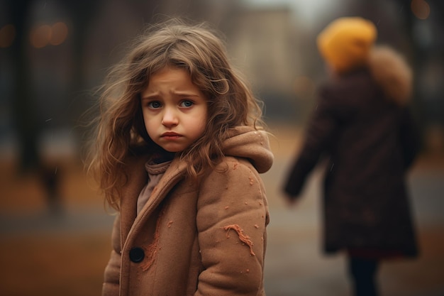 Foto una niña triste y llorona en el fondo borroso ia generativa