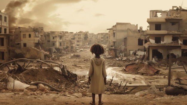 Una niña triste parada en África frente a un área de edificios derrumbados desastre natural o víctima de guerra hermosa IA generativa AIG32