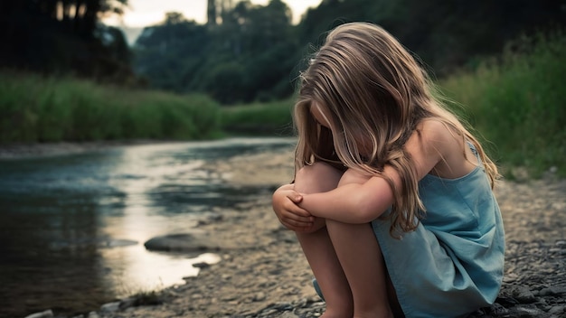 Niña triste con el pelo largo cerca del río infancia