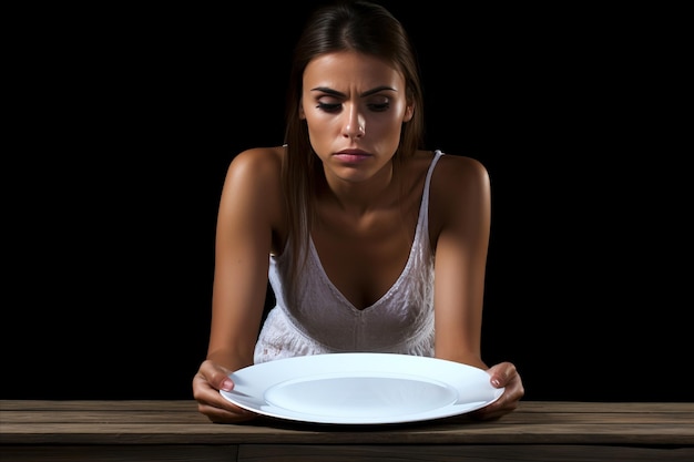 Niña triste sentada frente a un plato vacío concepto de dieta