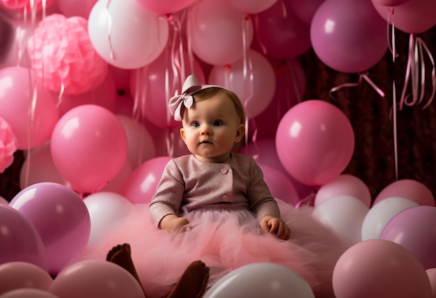 Niña en un tutú rosa rodeada de globos