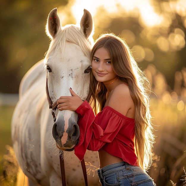 Foto niña de último año de secundaria posa con un caballo