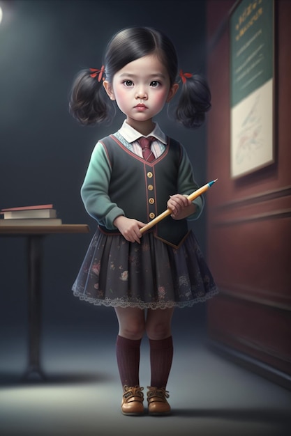 Niña en un uniforme escolar sosteniendo un ai generativo de lápiz