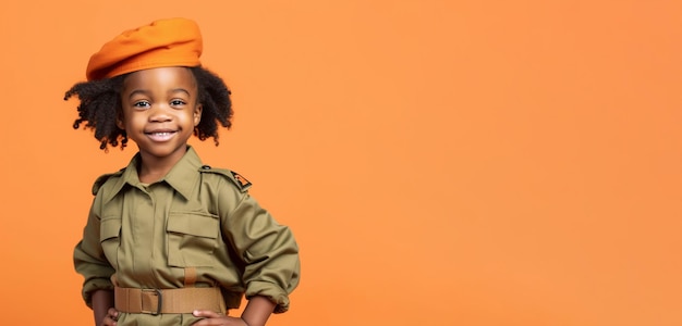 Una niña con uniforme militar se para frente a un fondo naranja