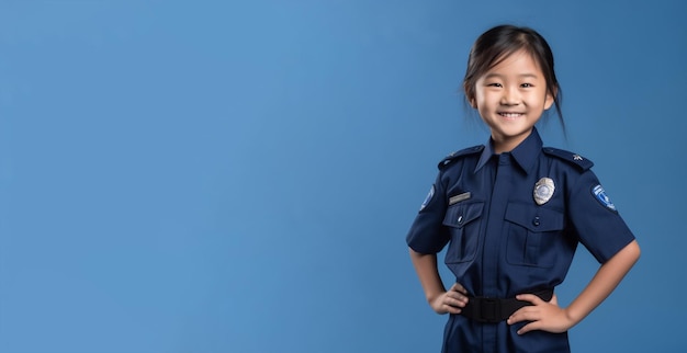 Una niña con uniforme de policía se para frente a un fondo azul.