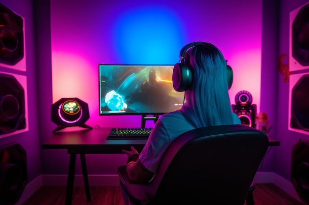 Niña usa una PC para juegos con varios monitores IA generativa