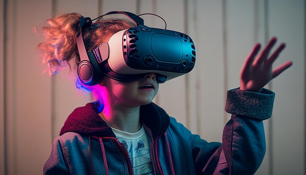 Una niña usando un casco de realidad virtual IA generativa