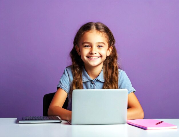 Niña usando una computadora portátil en el interior