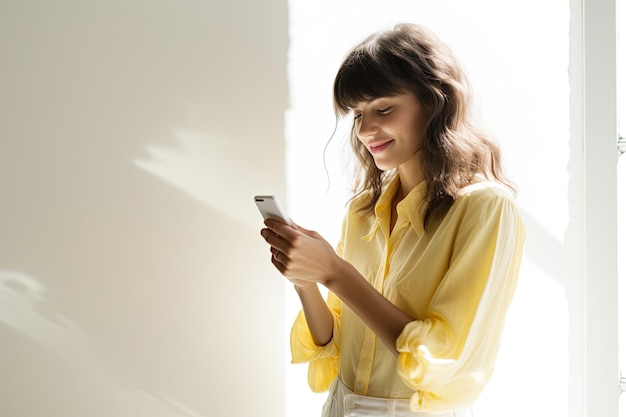 Niña usando teléfono móvil en fondo de pared blanca a la luz solar natural Niña vestida amarilla Niña usando smartphone en pared blanca