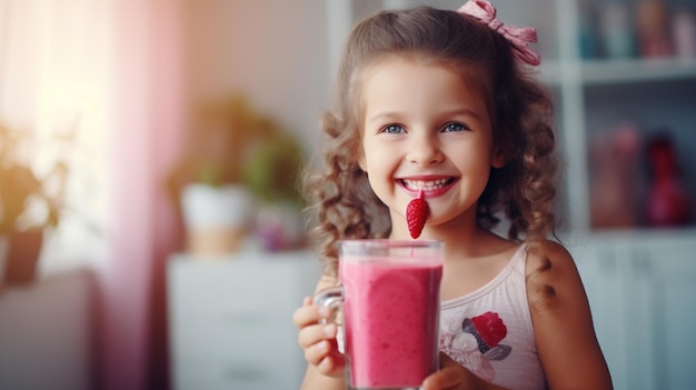 Niña con un vaso de puré un cóctel en el fondo de la cocina AI generativa AI