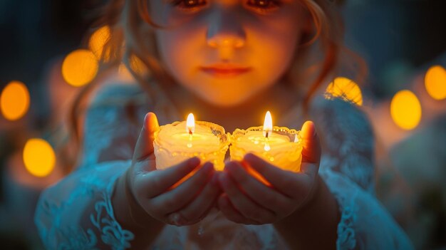 Niña con una vela en la luz cálida