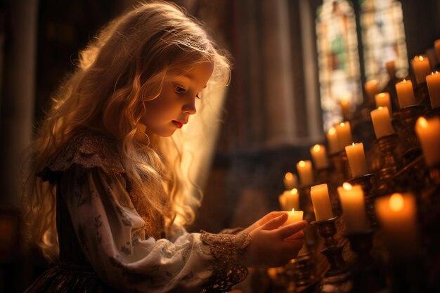 Niña con velas frente a una ventana de vidrio teñido