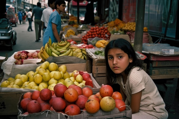 Niña vendiendo frutas en la esquina de la calle en una ciudad ocupada