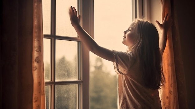 Una niña se para en la ventana y mira por la ventana.