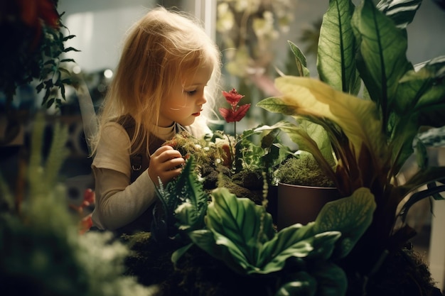 Una niña en una ventana con una planta en la mano.