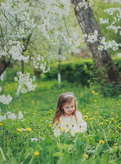 Una niña vestida de blanco sentada en el jardín de los cerezos de primavera