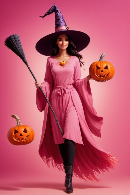 Foto una niña vestida de bruja con una escoba y calabazas