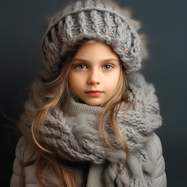 Niña vestida cálidamente con un sombrero de lana y una bufanda generada por la IA en invierno