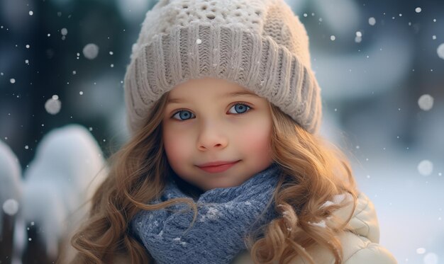Una niña vestida de invierno para su sesión de fotos de invierno generada por inteligencia artificial