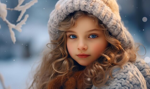 Una niña vestida de invierno para su sesión de fotos de invierno generada por inteligencia artificial