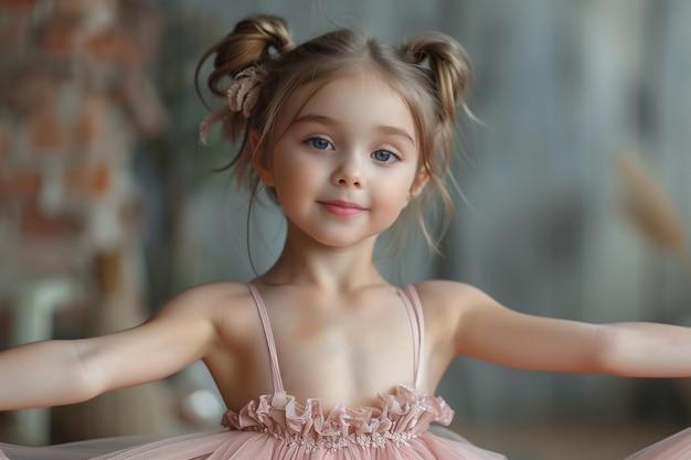 Una niña vestida con un traje de ballet rosa actúa