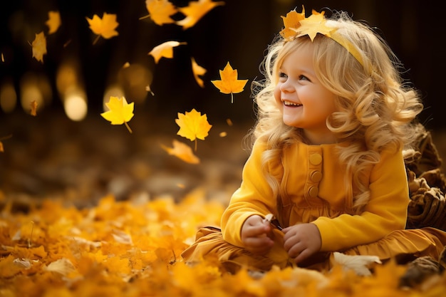 una niña con un vestido amarillo está sentada en las hojas de otoño