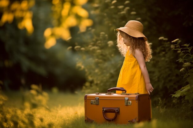 Una niña con un vestido amarillo y un sombrero amarillo se para en la hierba con una maleta.