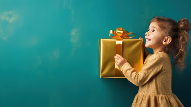 Niña con vestido amarillo sosteniendo una caja de regalos amarilla con fondo azul aislado