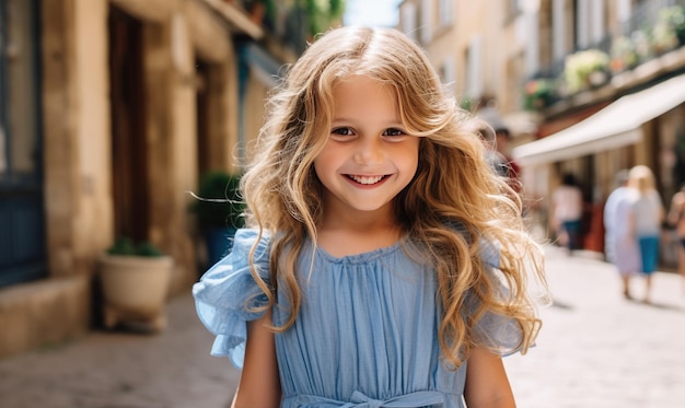 Una niña con un vestido azul caminando por la calle.