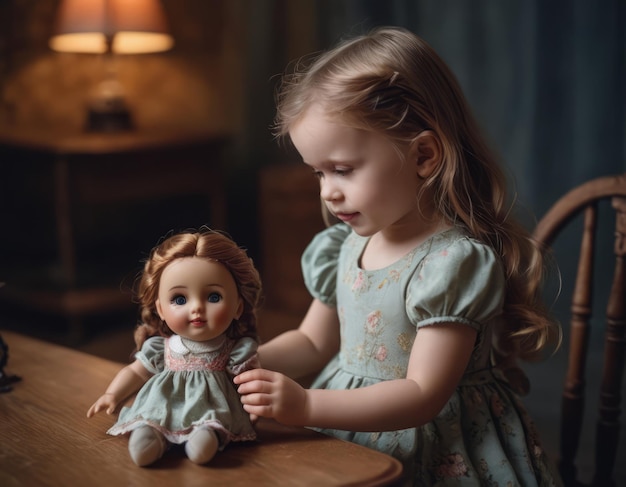 Una niña en un vestido azul sentada en una mesa de madera con una muñeca en una habitación poco iluminada