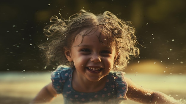 Una niña con un vestido azul sonríe a la cámara.