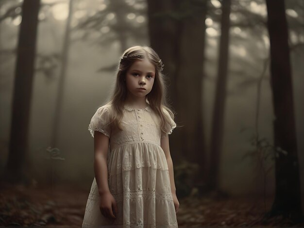 una niña con un vestido blanco está de pie en el bosque