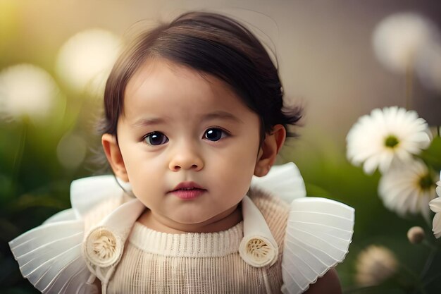 Una niña con un vestido blanco y un lazo en la cabeza.