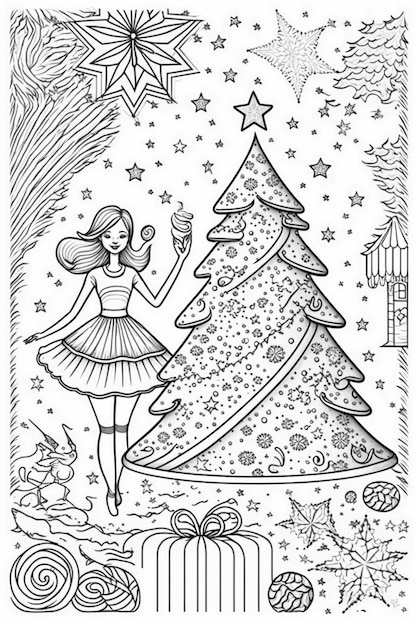 una niña con un vestido está parada junto a un árbol de navidad ai generativo