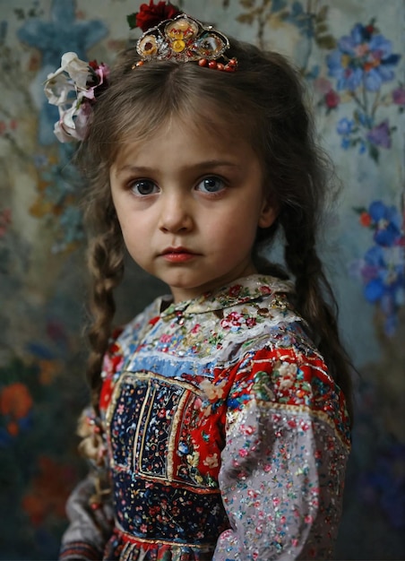 una niña con un vestido de flores y un vestido con flores