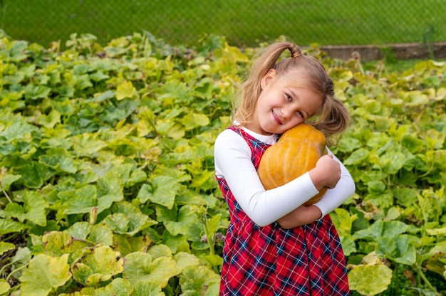 Niña con un vestido de franela y abrazando una calabaza en un campo agrícola