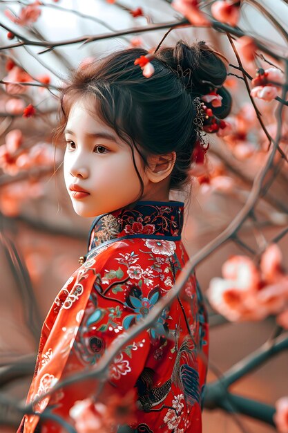 Niña con vestido de kimono mirando la flor de sakura o la flor de cerezo floreciendo en el jardín